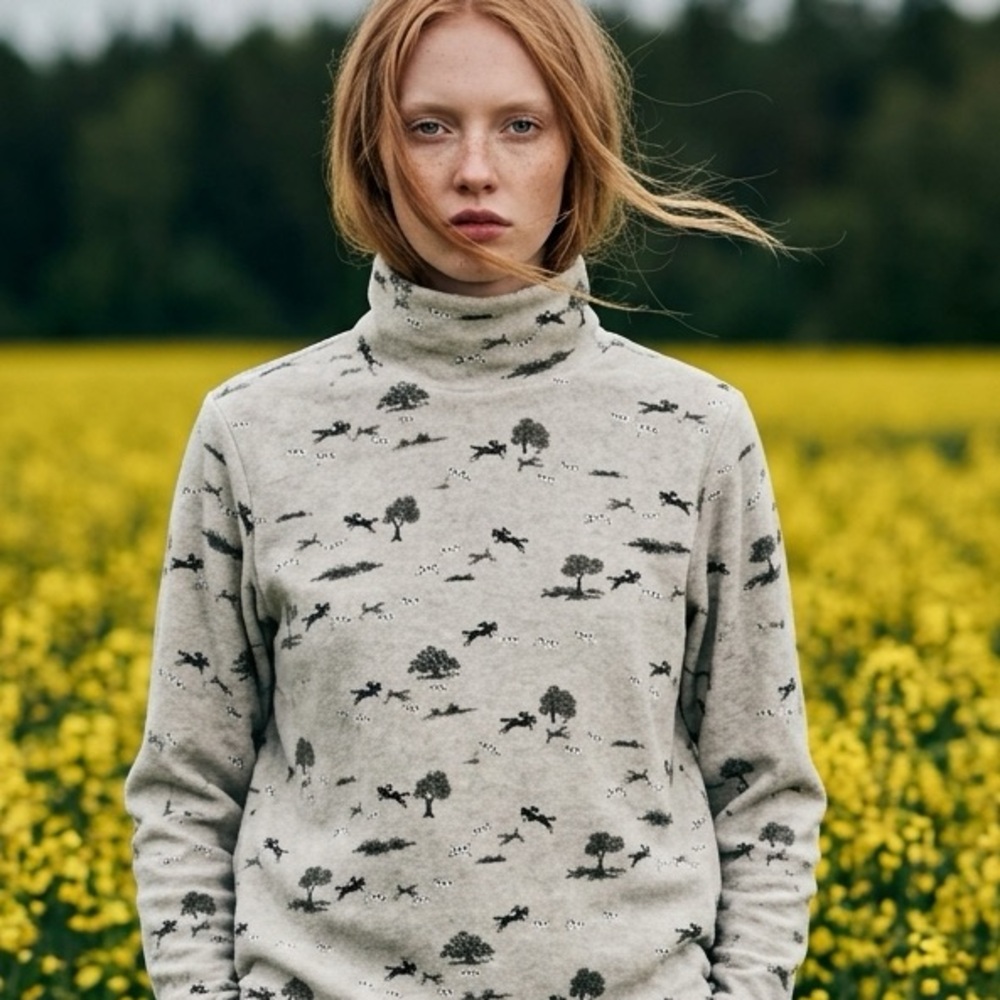 David Brooks‎ Womens Gray Cotton Fox Hunt Equestrian Print Turtleneck Top L